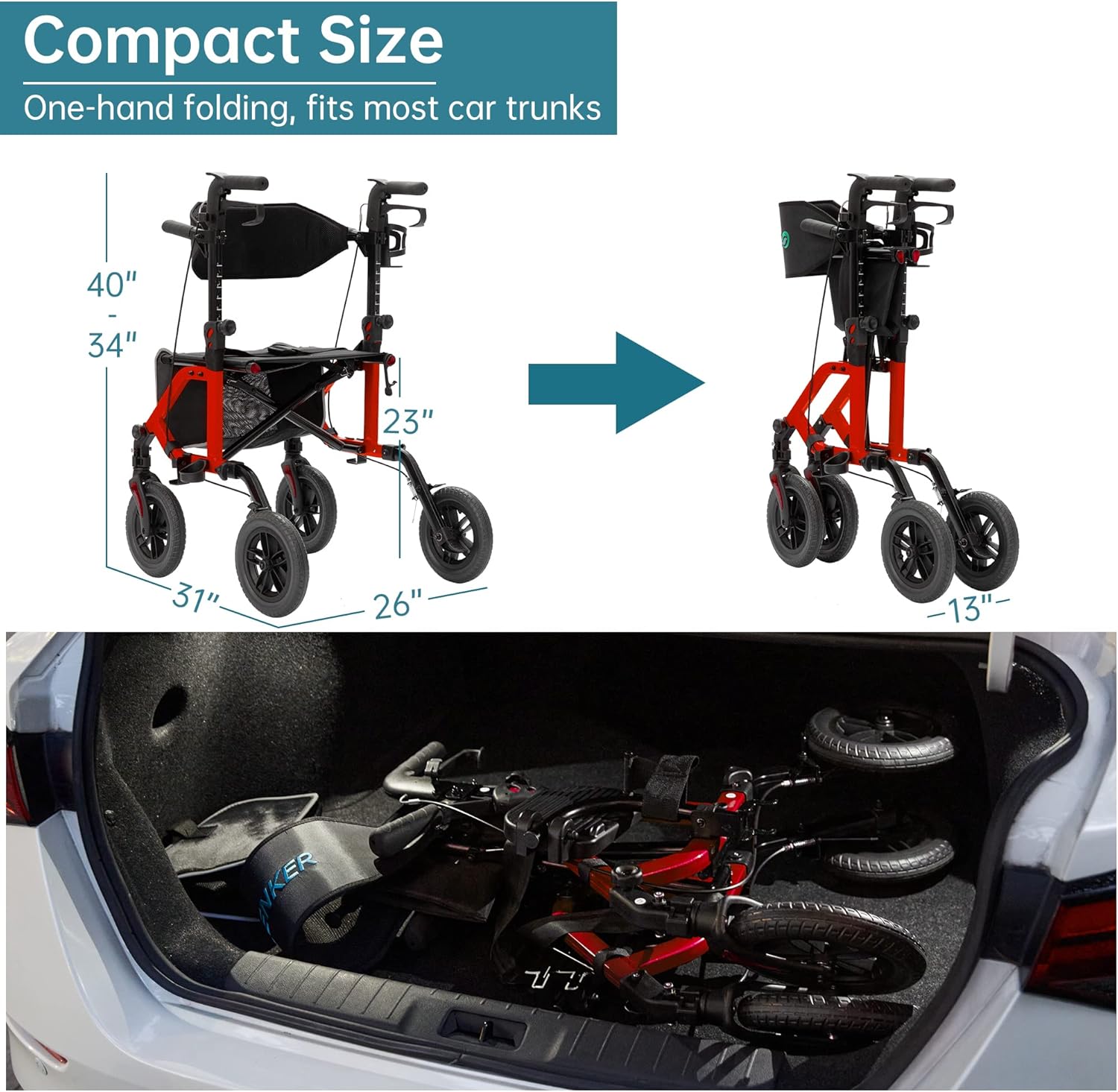 ELENKER 2-in-1 Rollator Walker & Transport Chair, Folding Wheelchair, Non-Pneumatic Wheels

