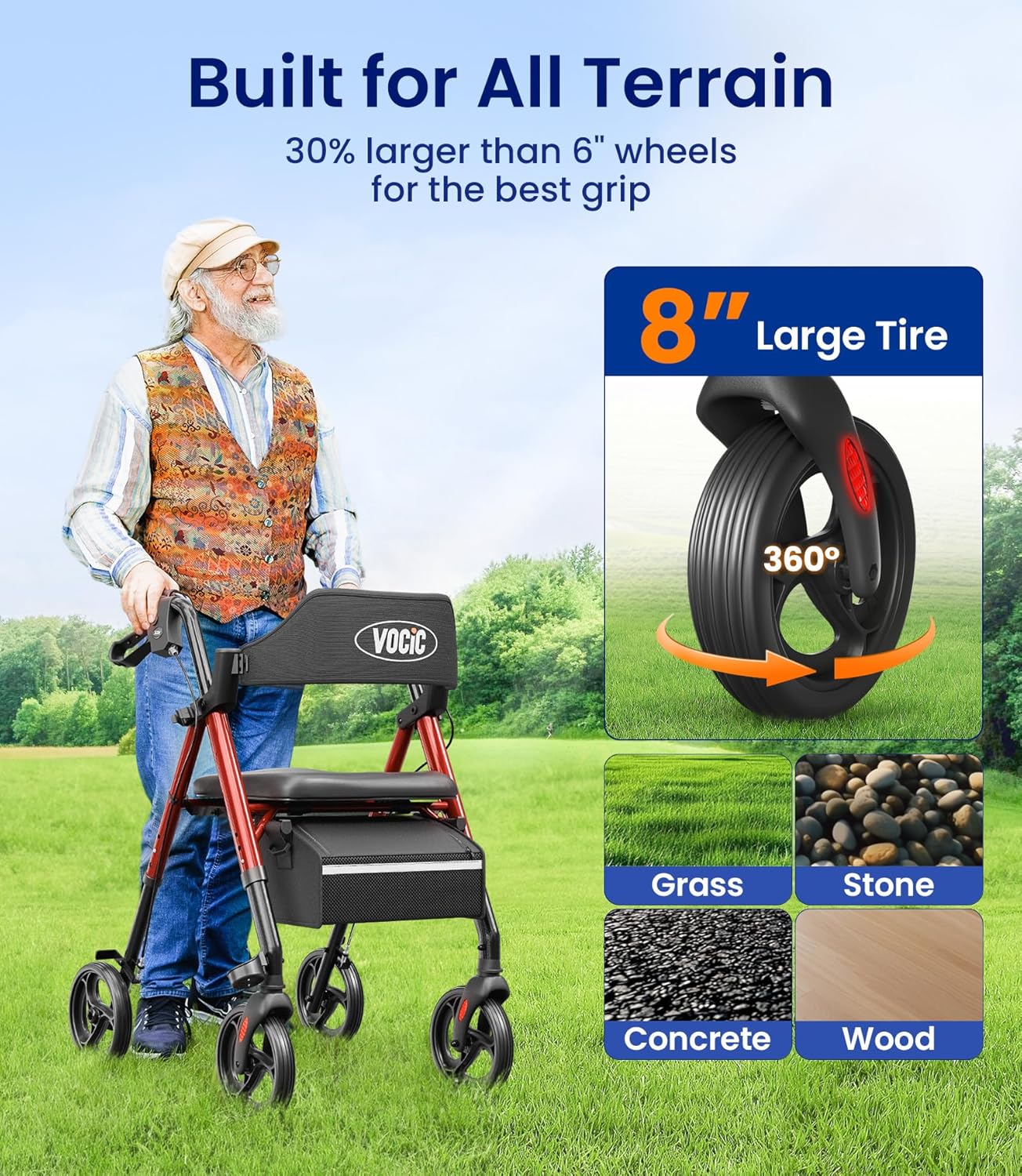 VOCIC Z21 Rollator Walker with Seat, 8" All-Terrain Big Wheels, Foldable

