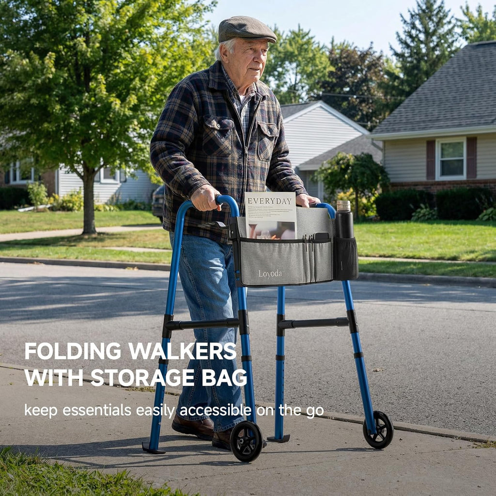 Loyoda Folding Walker with Front Wheels, Storage Bag, Height Adjustable, 350 lb

