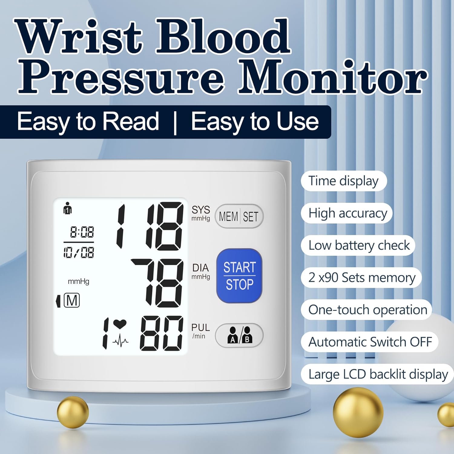 Wrist Blood Pressure Monitor LCD Display, Adjustable Cuff, Heart Rate Meter

