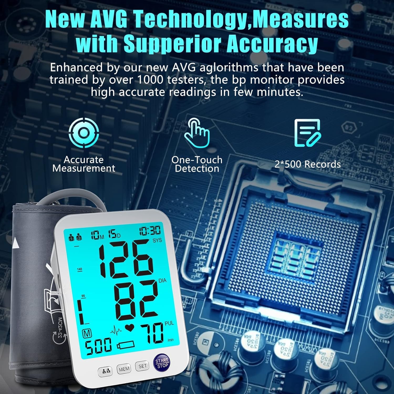 Blood Pressure Monitor Upper Arm Digital BP Machine LED Backlit Screen 1000 Memory

