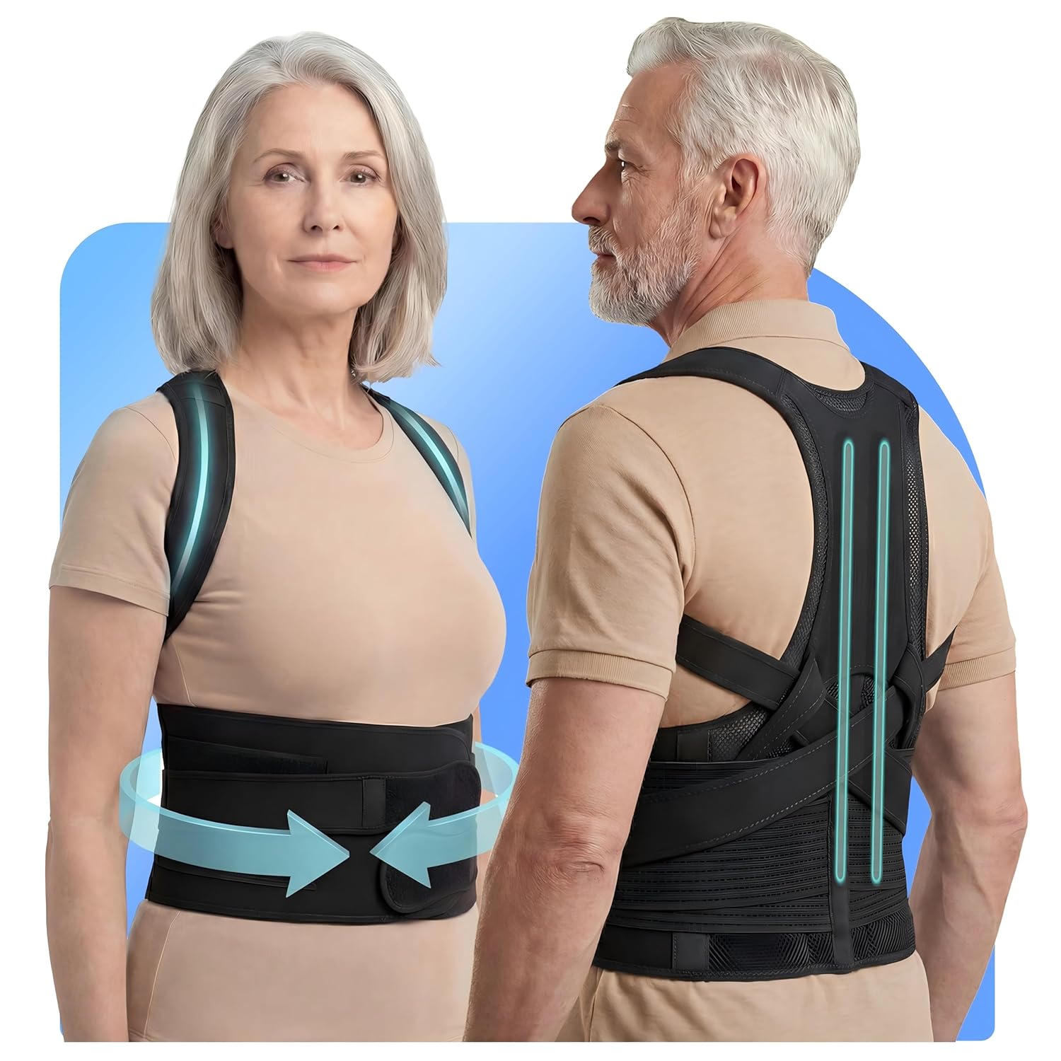 BIGROSE Posture Corrector Brace for Seniors, Dual-Back Support with Shoulder Strap

