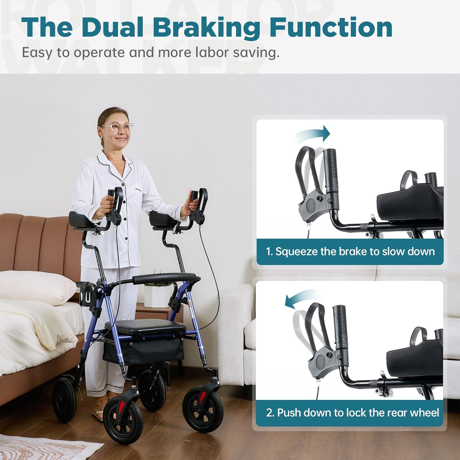 ELENKER Upright Rollator Walker with Adjustable Padded Armrests and 10-Inch PU Wheels

