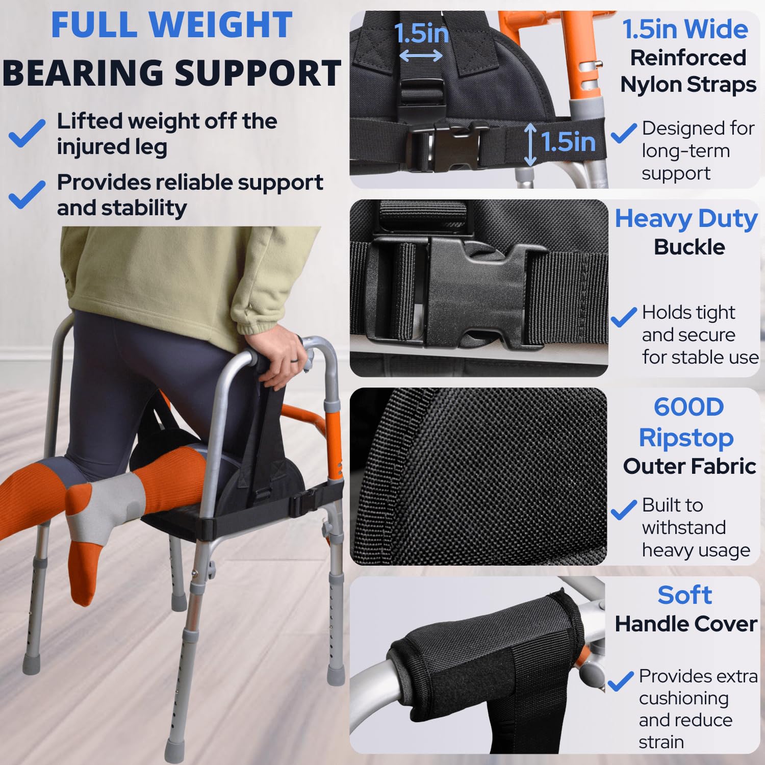 Knee Sling for Walker, Adjustable Cushioned Knee Support for Non-Weight Bearing

