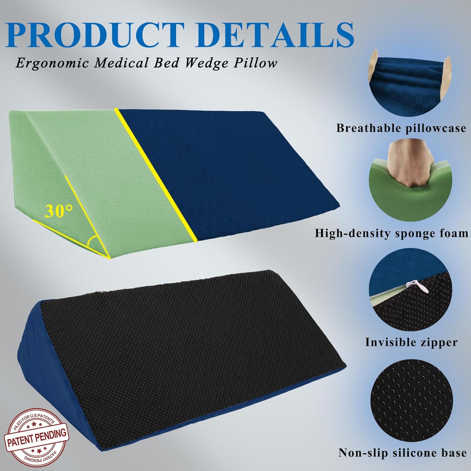 30° Bed Wedge Pillow for Side Sleeping, Memory Foam Body Positioning Triangle


