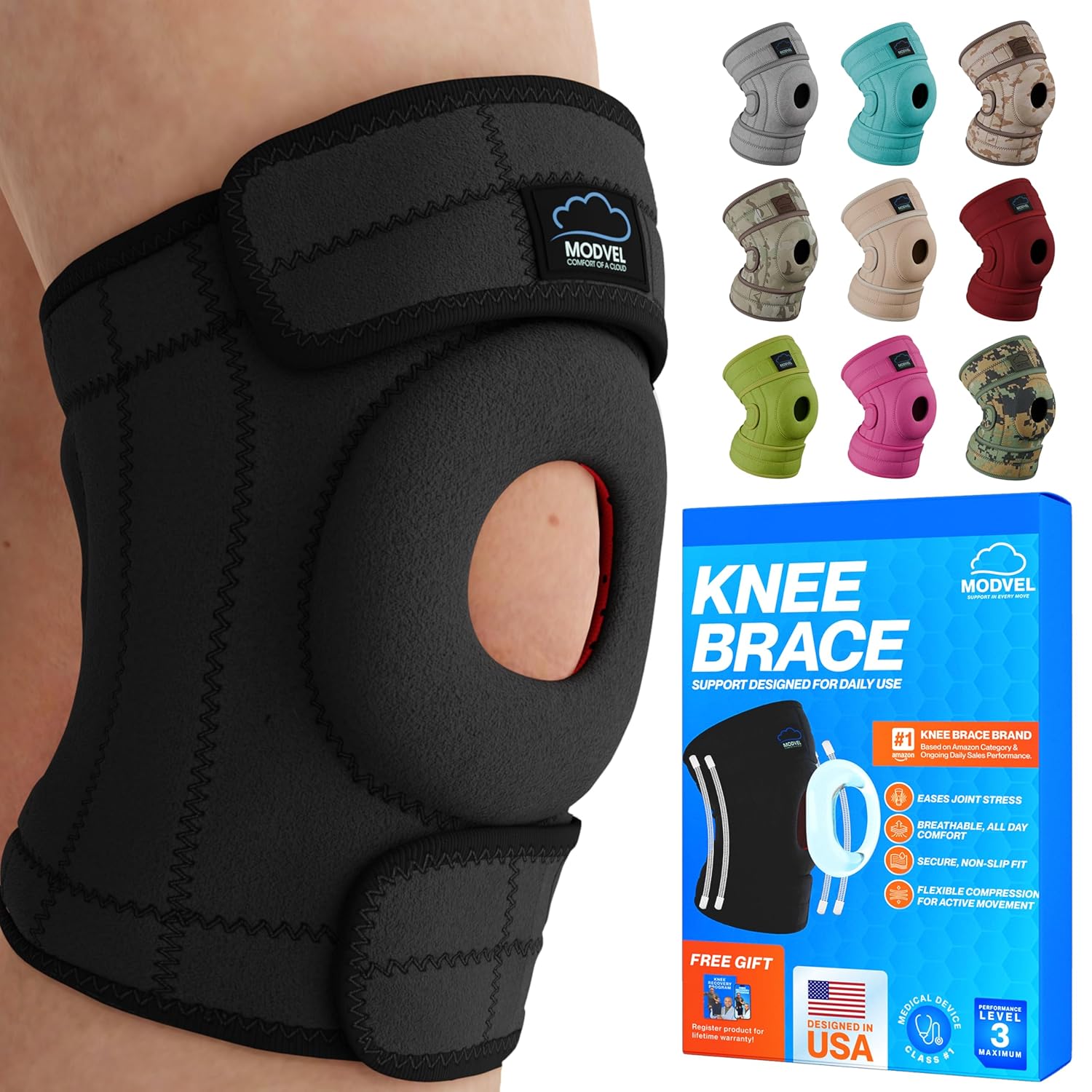 Modvel Elite Knee Brace with Patella Gel Pads and Side Stabilizers for ACL Support

