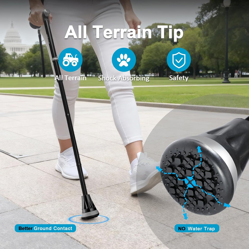 REHAND Foldable Adjustable Walking Cane with Shock-Absorbing All-Terrain Base

