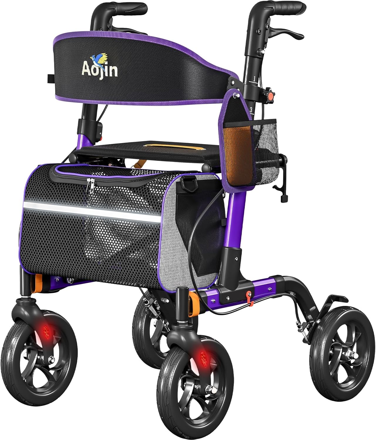 Aojin Rollator Walker with Seat, 350 lb Capacity, 6-Level Height, 8" All-Terrain Wheels

