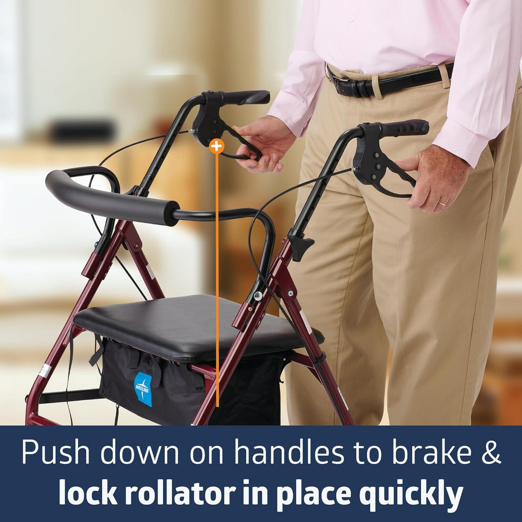 Medline Bariatric Steel Rollator Walker, Adjustable Handles, Foldable, Padded Seat & Backrest

