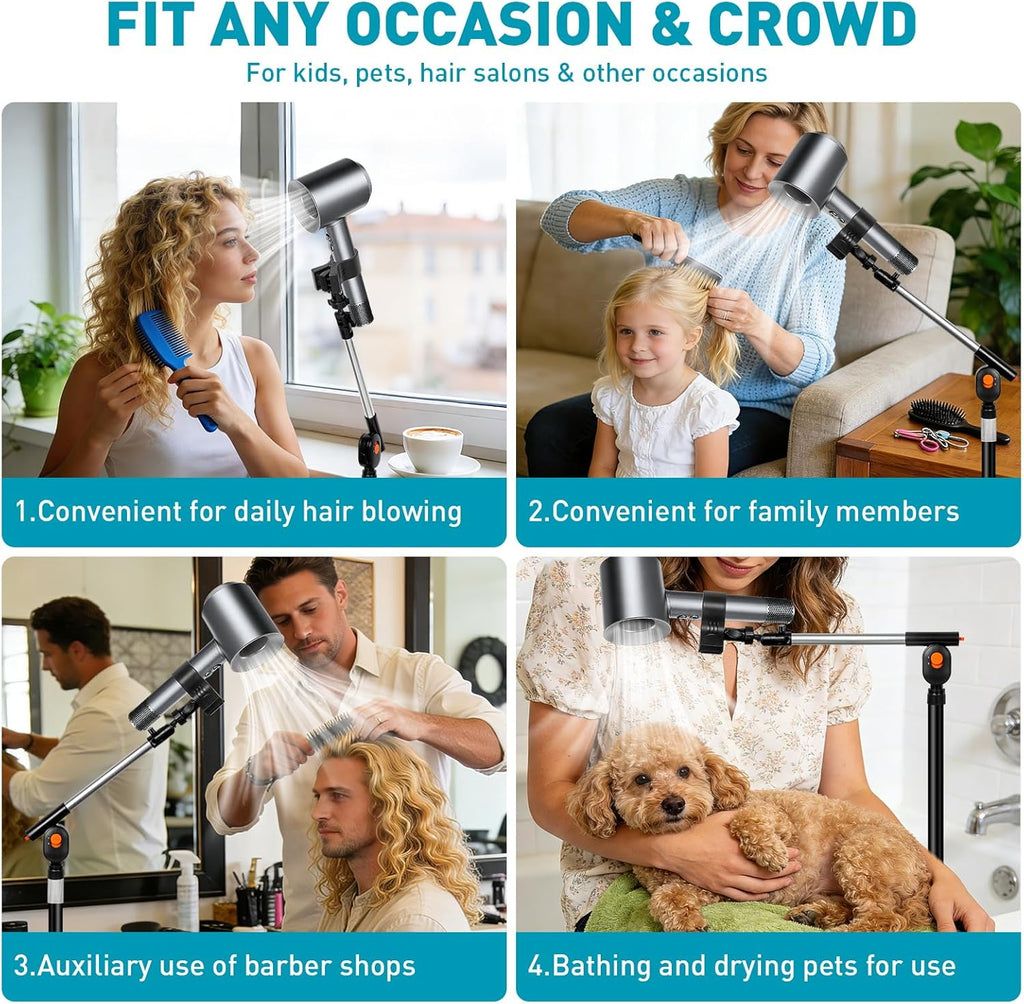 Hands Free Hair Dryer Stand with Rotary Lock, 360° Swivel & Adjustable Height Base

