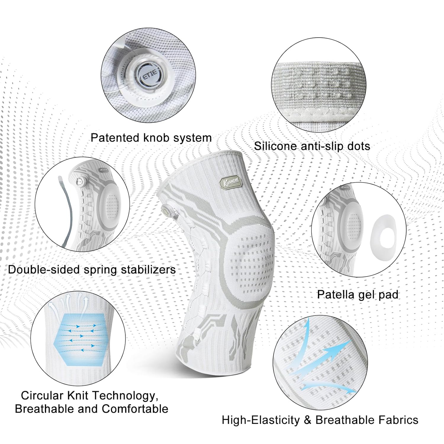 Kuangmi Adjustable Dial Knee Brace with Patella Gel Pad and Side Stabilizers

