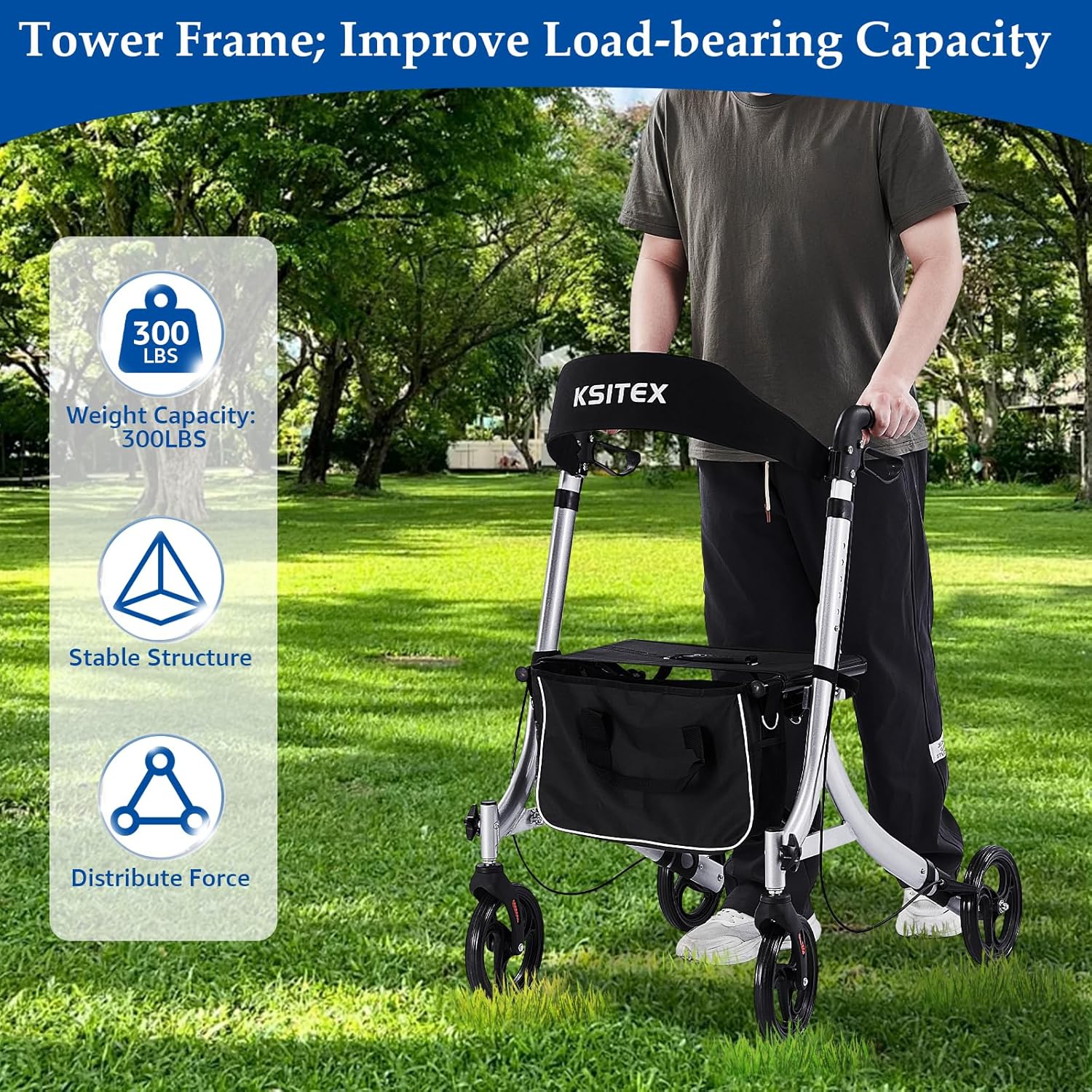 Rollator Walker for Seniors with Seat Backrest, Folding Aluminum, Brakes, 8" Wheels

