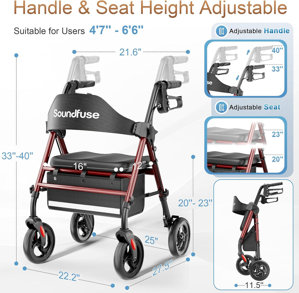 SOUNDFUSE Rollator Walker with Seat, All-Terrain 8 in Wheels, Height Adjustable Foldable

