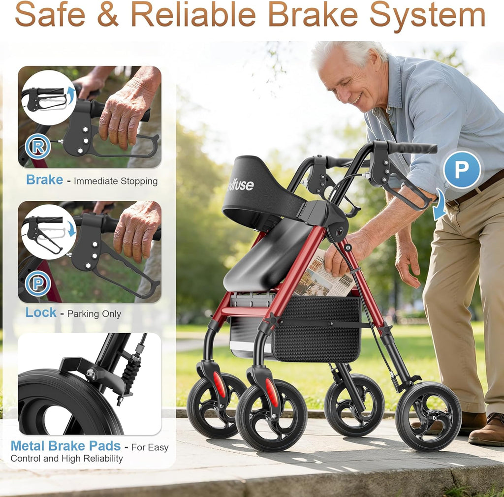 SOUNDFUSE Rollator Walker with Seat, All-Terrain 8 in Wheels, Height Adjustable Foldable


