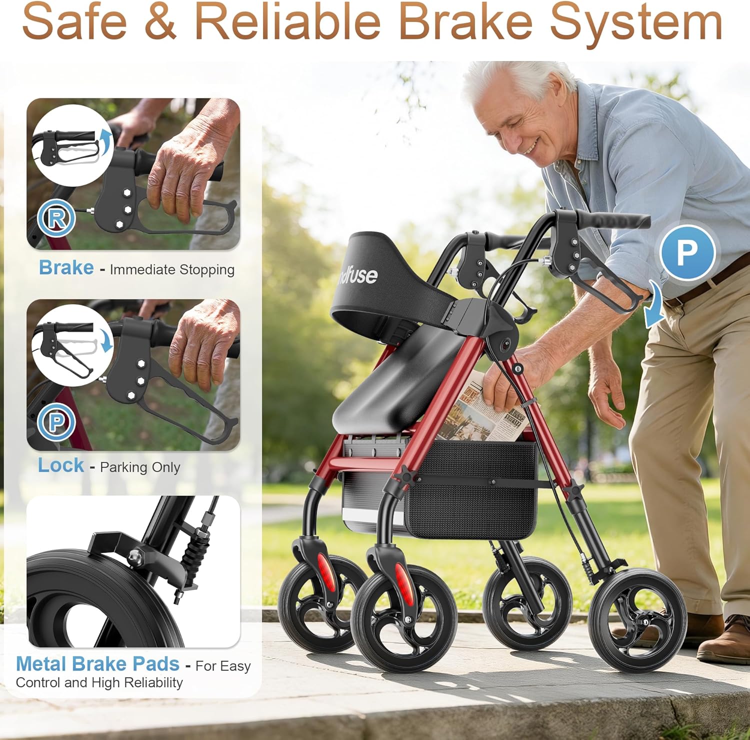 SOUNDFUSE Rollator Walker with Seat, All-Terrain 8 in Wheels, Height Adjustable Foldable

