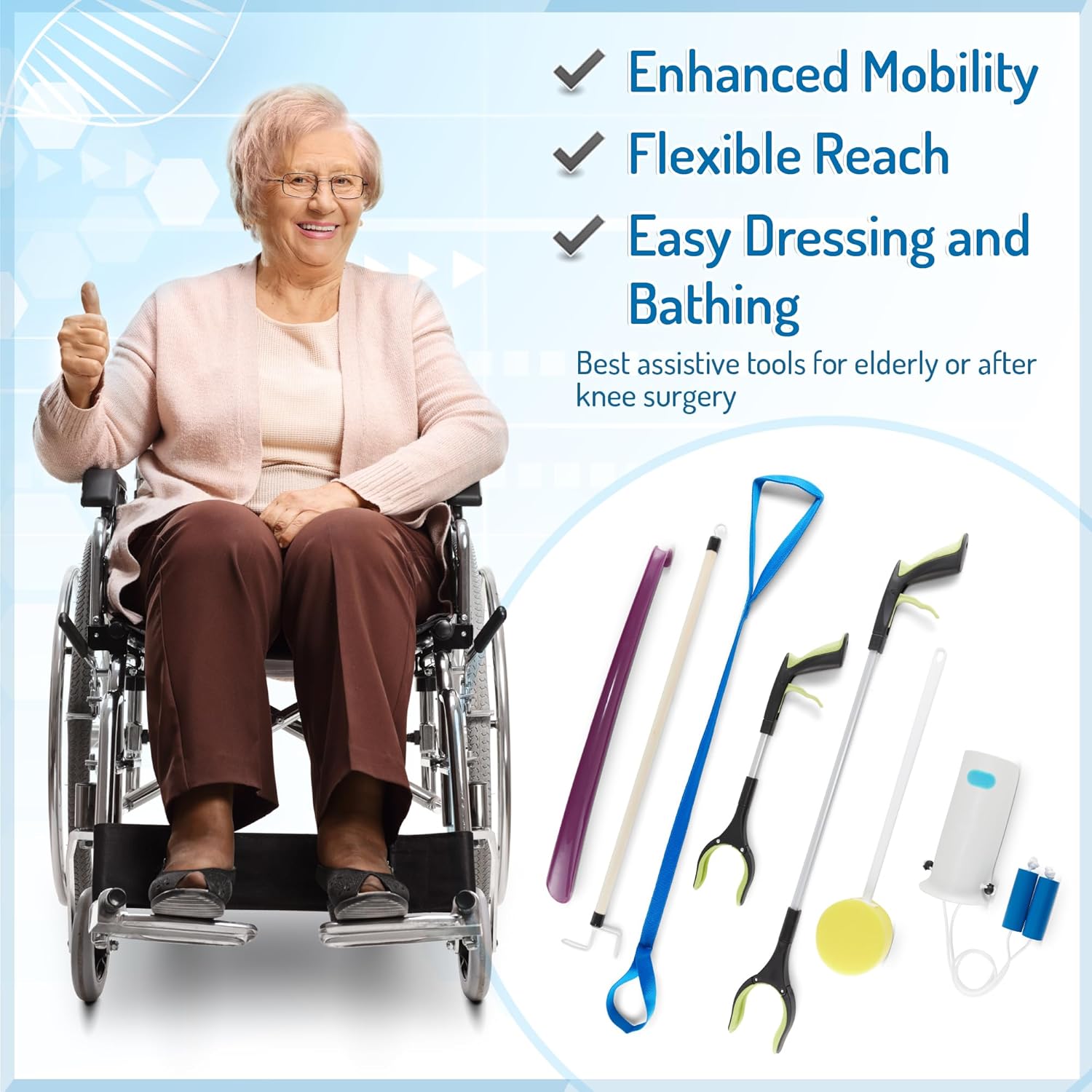 Mars Wellness Hip Replacement Recovery Tool Set: Leg Lifter, Sock Aid, Reacher, Shoe Horn

