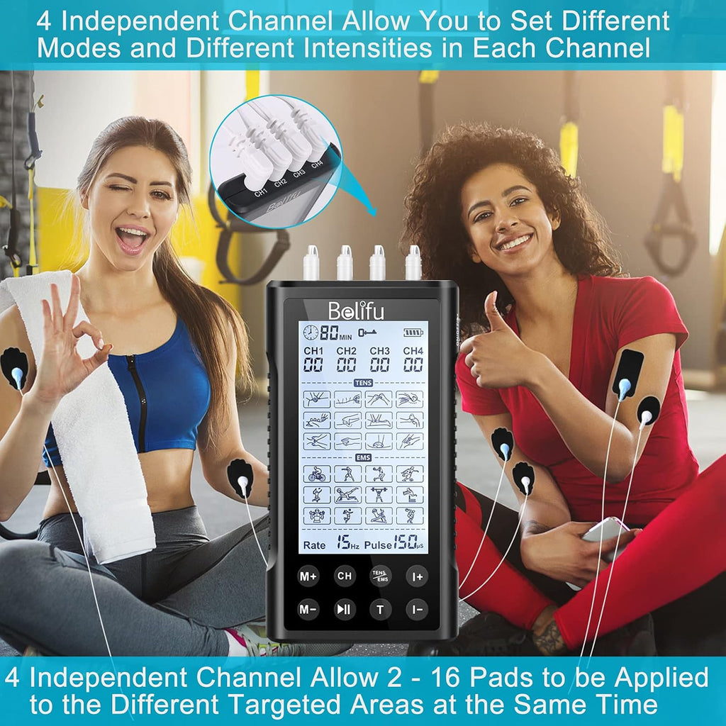 Belifu 4-Channel TENS EMS Muscle Stimulator Unit, Rechargeable Electric Pulse Massager

