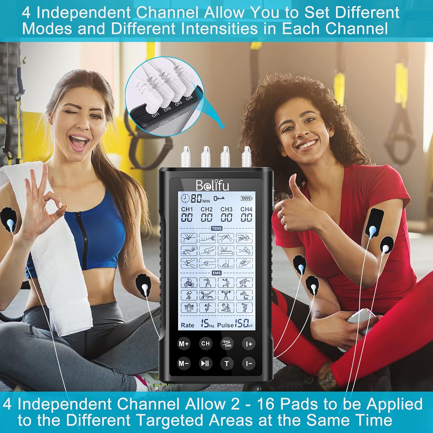 Belifu 4-Channel TENS EMS Muscle Stimulator Unit, Rechargeable Electric Pulse Massager

