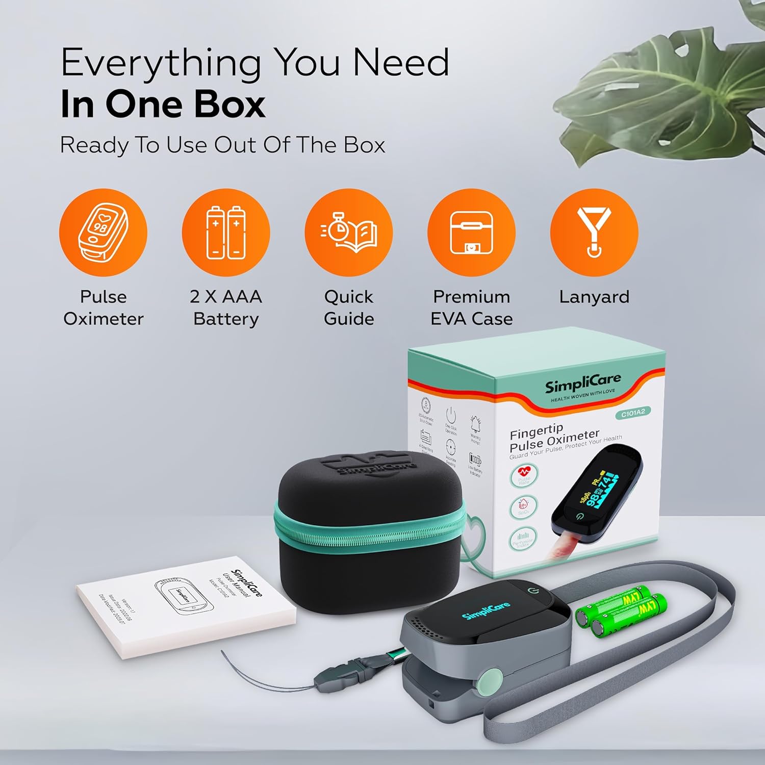 SimpliCare Fingertip Pulse Oximeter, SpO2 O2 Monitor with Heart Rate and PI OLED

