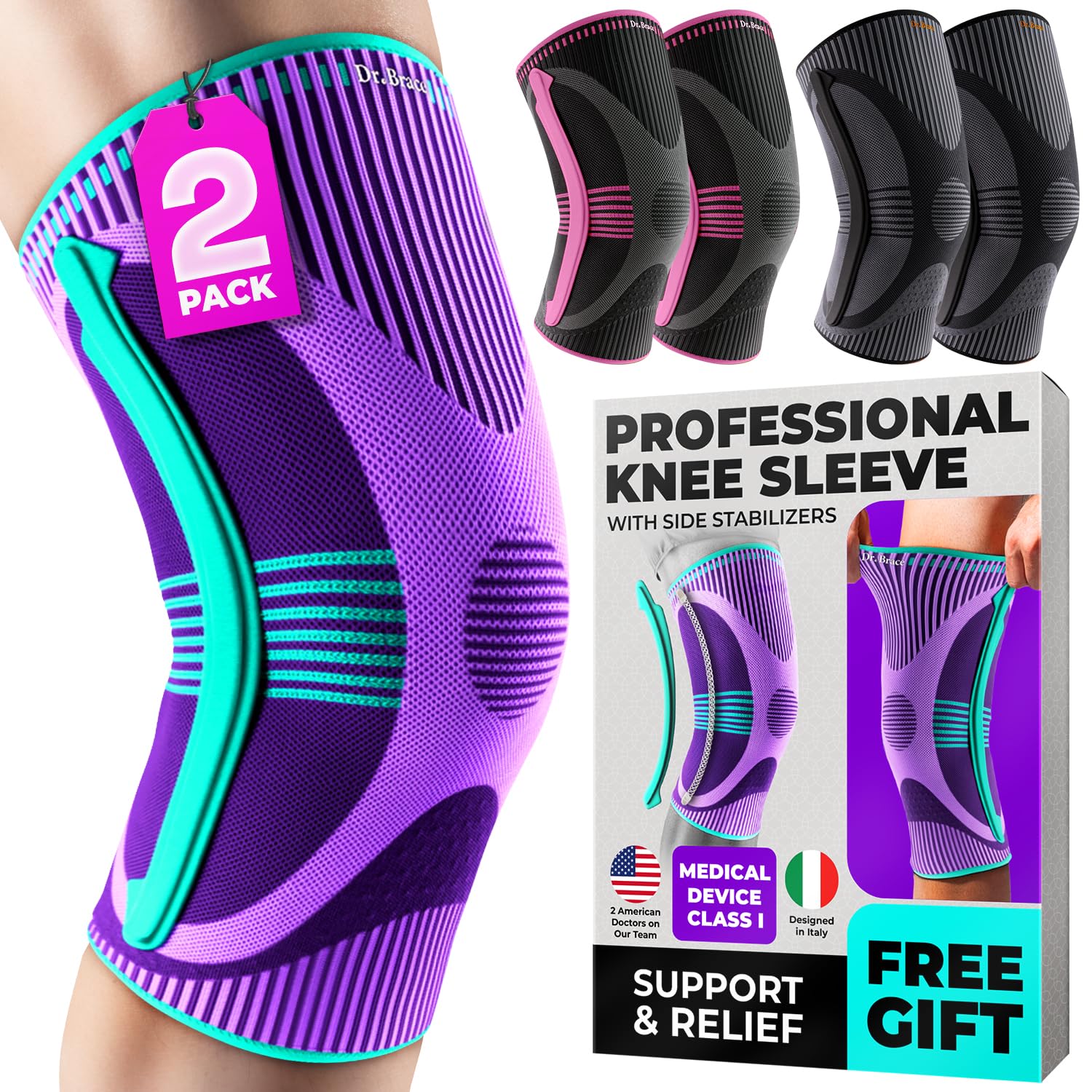 Dr. Brace Elite Knee Brace with Stabilizer Knee Compression Sleeve, 2-Pack

