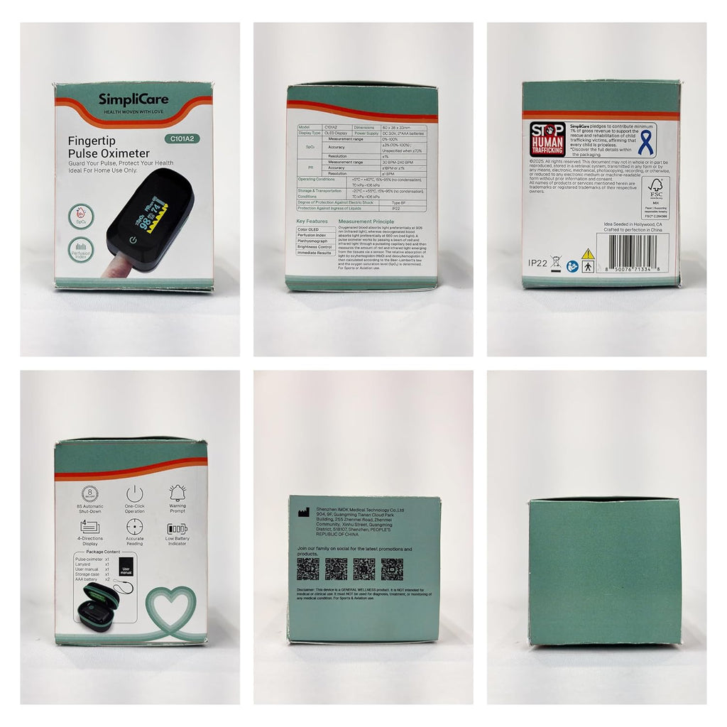 SimpliCare Fingertip Pulse Oximeter, SpO2 O2 Monitor with Heart Rate and PI OLED

