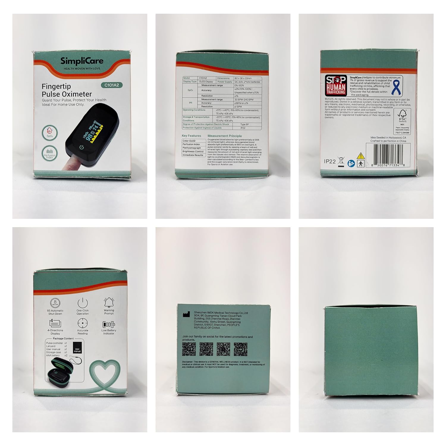 SimpliCare Fingertip Pulse Oximeter, SpO2 O2 Monitor with Heart Rate and PI OLED

