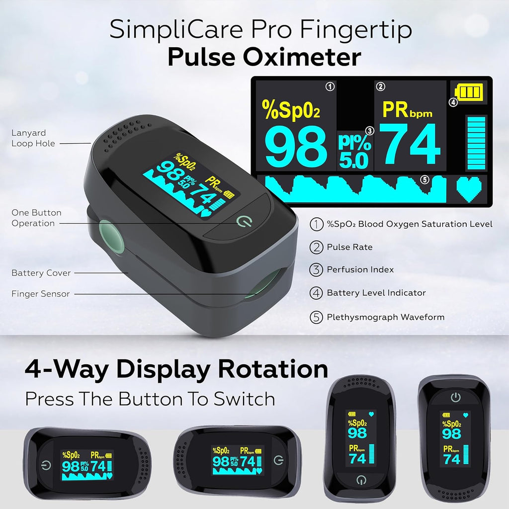 SimpliCare Fingertip Pulse Oximeter, SpO2 O2 Monitor with Heart Rate and PI OLED

