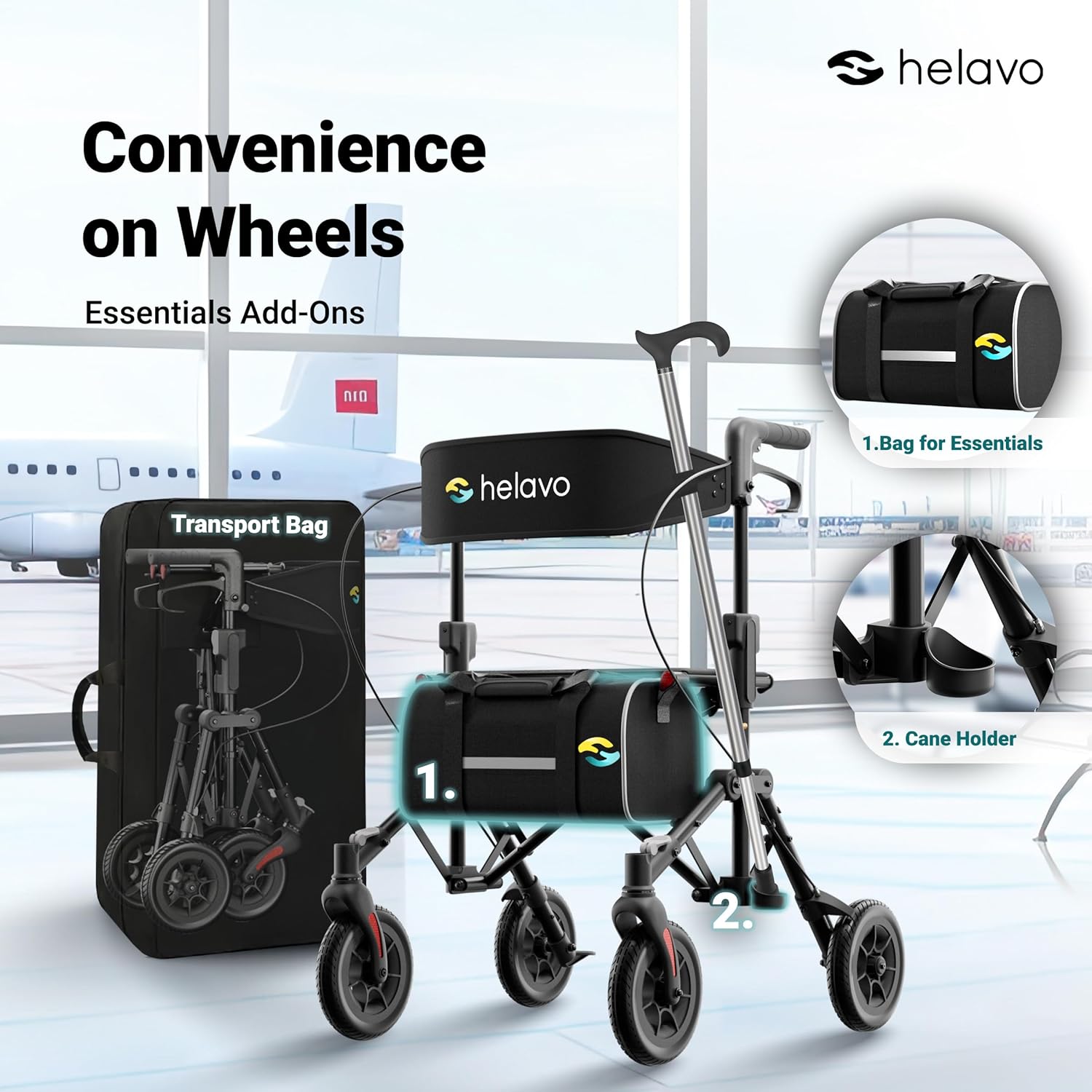 Helavo Ultra-Compact Rollator Walker with Seat, Double-Fold, 8 in Rubber Wheels

