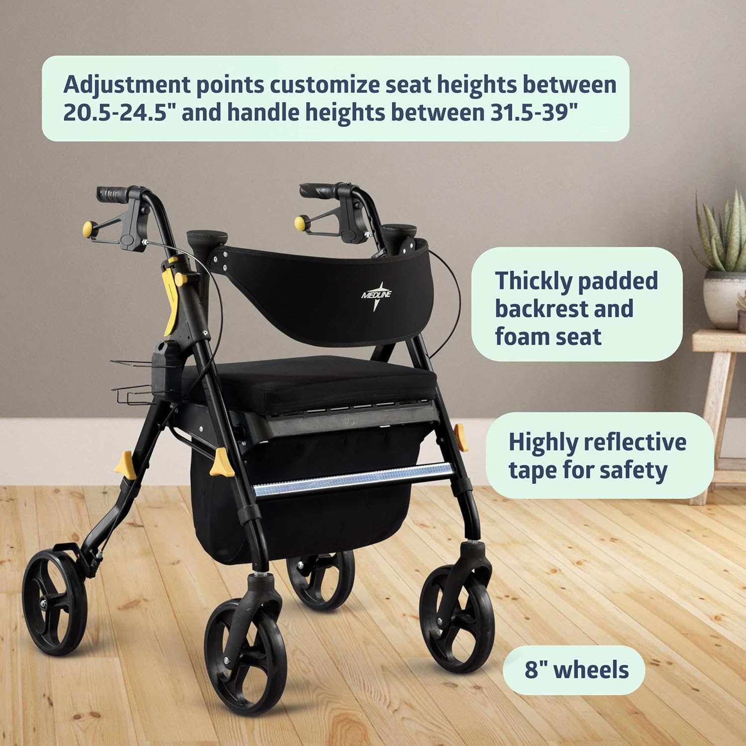 Medline Empower Folding Mobility Rollator Walker with Memory Foam Seat, Cupholder

