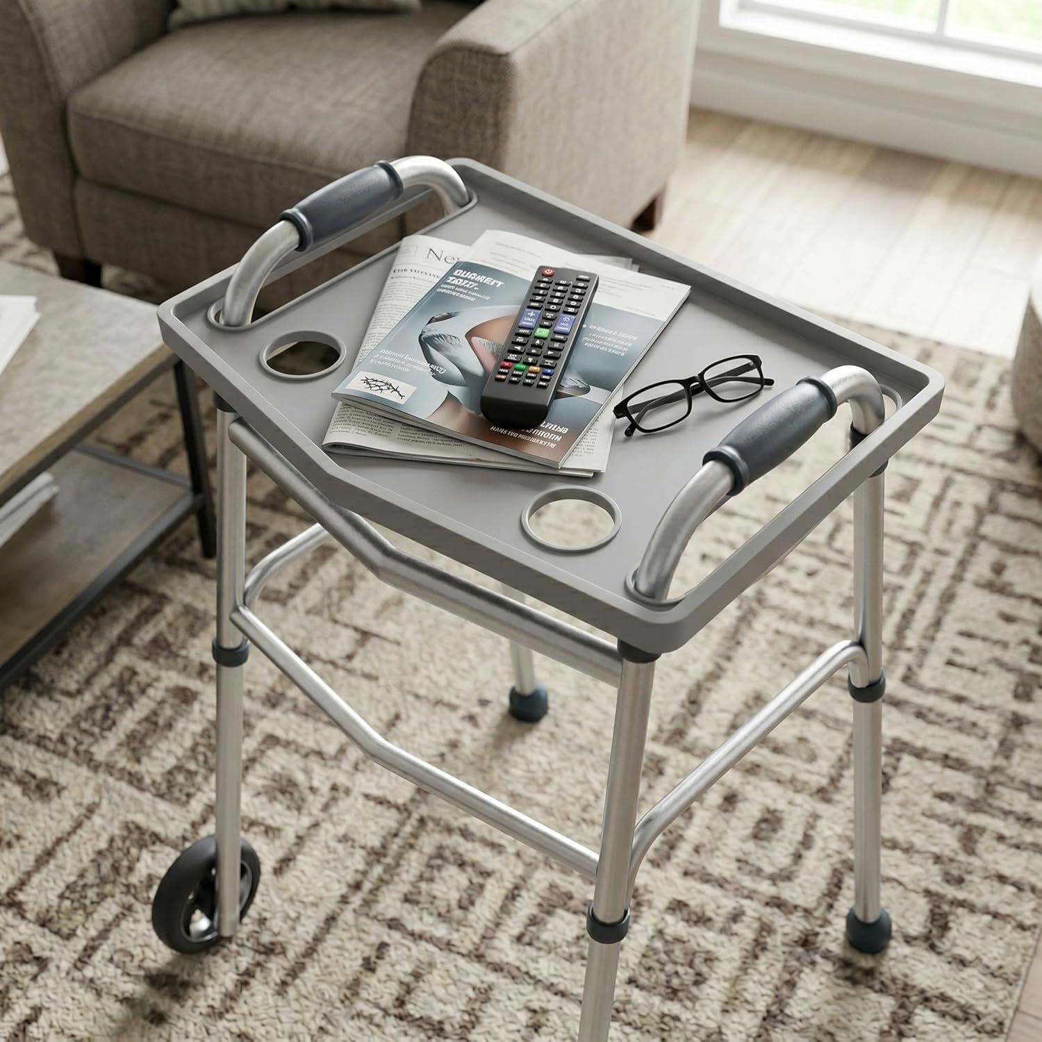 Bluestone Walker Tray Upright with Holders for Folding Walkers, Cup Holders

