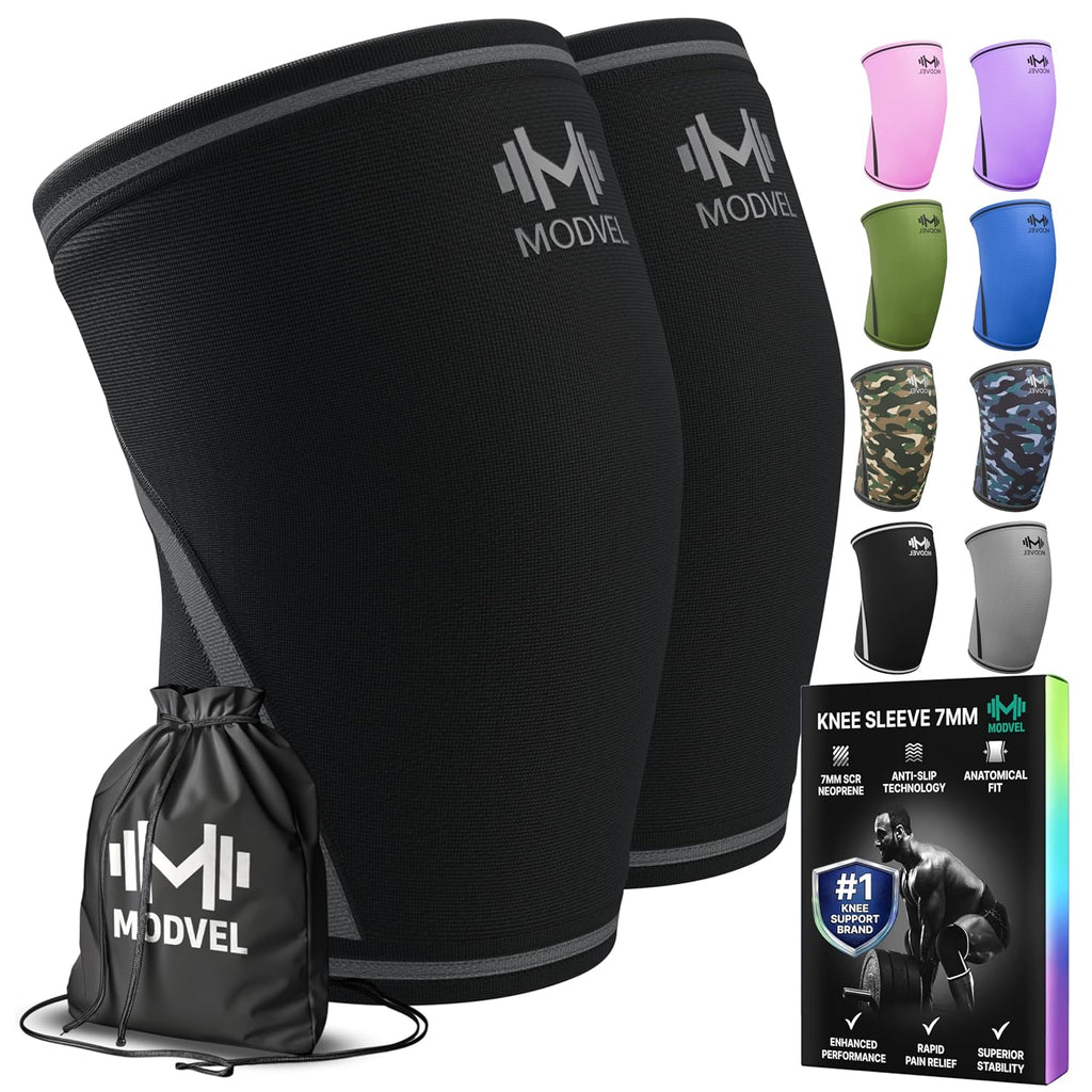 Modvel 7mm Neoprene Knee Sleeves Compression Support for Weightlifting & Powerlifting, Pair

