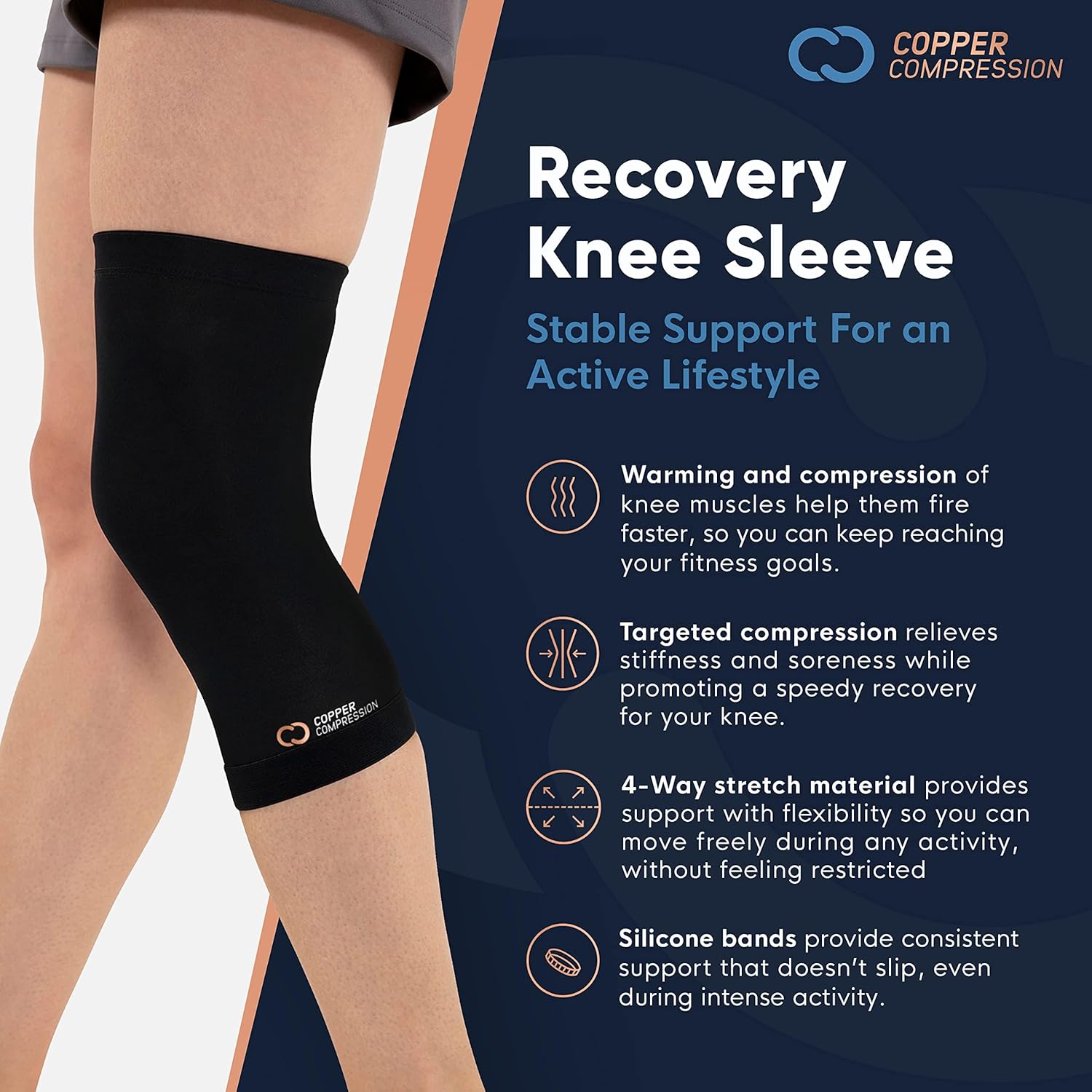 Copper Compression Knee Sleeve, Copper-Infused Knee Stabilizer Support Brace


