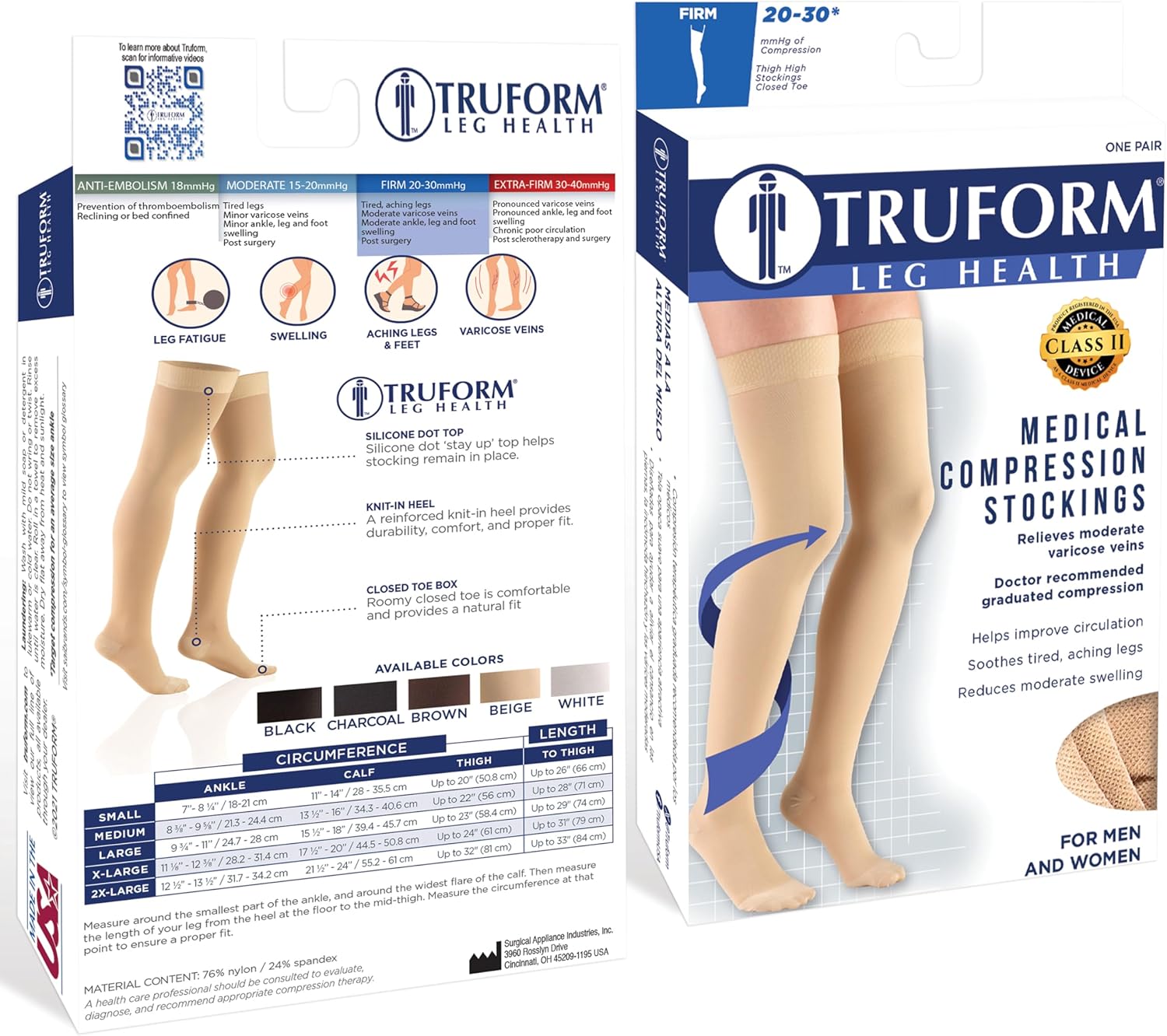 Truform 20-30 mmHg Compression Stockings, Thigh High Dot Top Closed Toe

