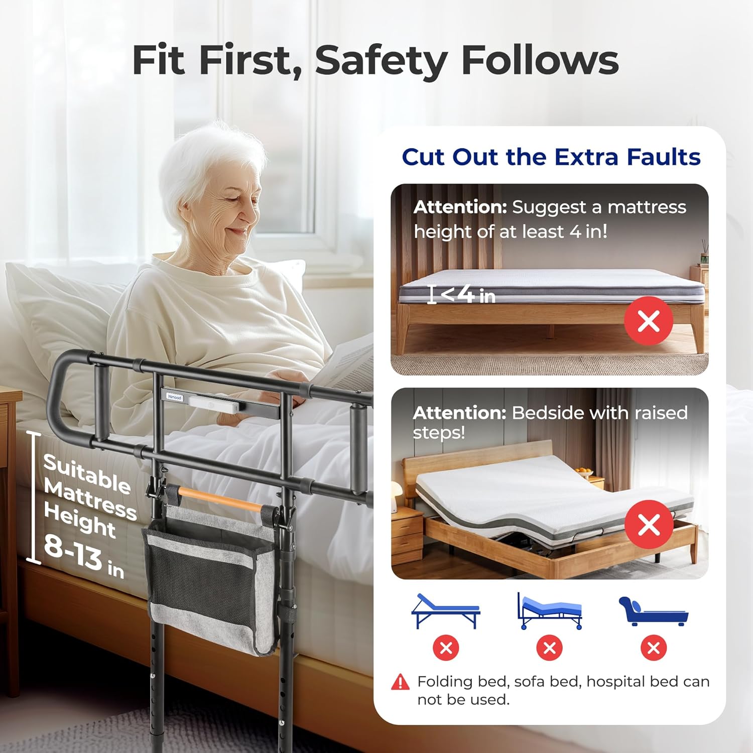 Bed Safety Assist Rail for Elderly Adults with Adjustable Height and LED Night Light

