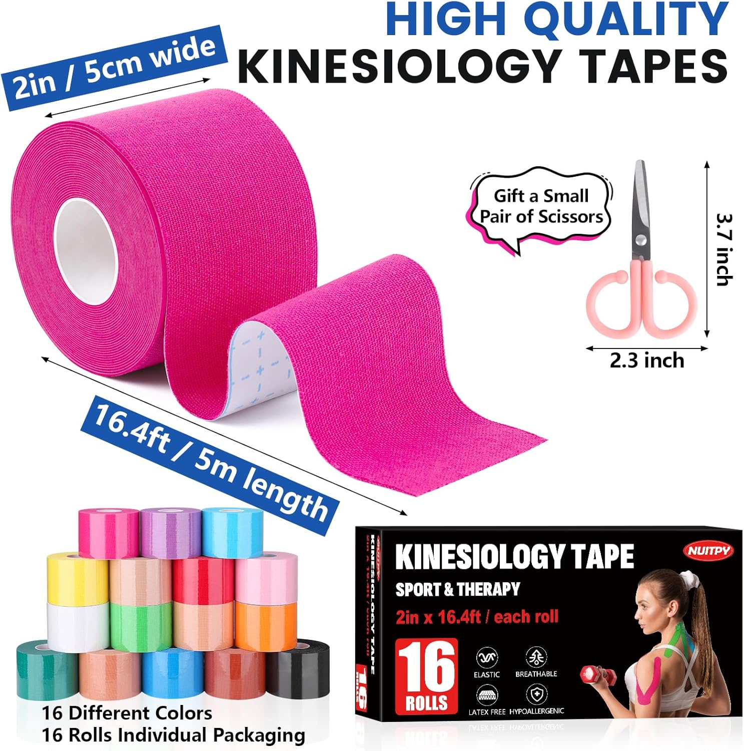Waterproof Kinesiology Tape for Sports, Elastic Muscle Tape, 2-Inch Wide

