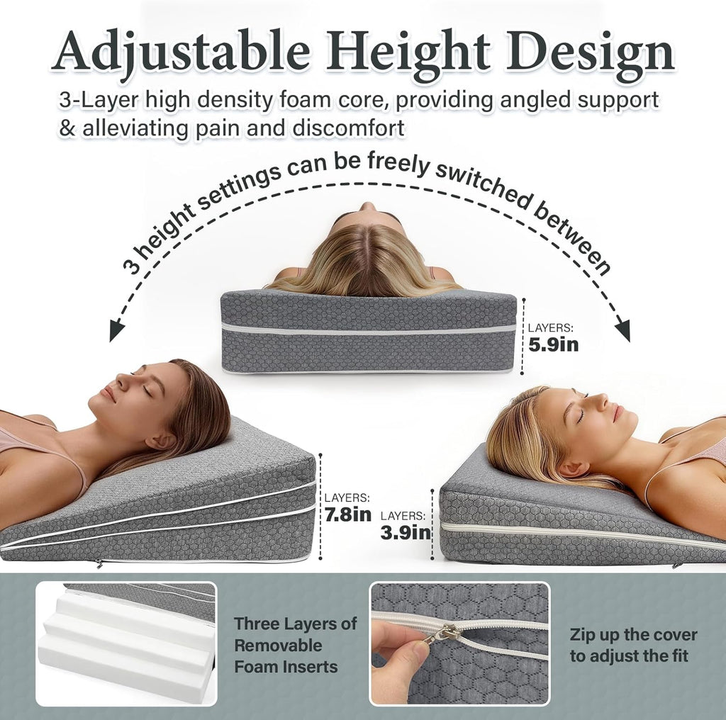 Adjustable Bed Wedge Pillow for Sleep Apnea, GERD, Snoring, Leg and Back Pain

