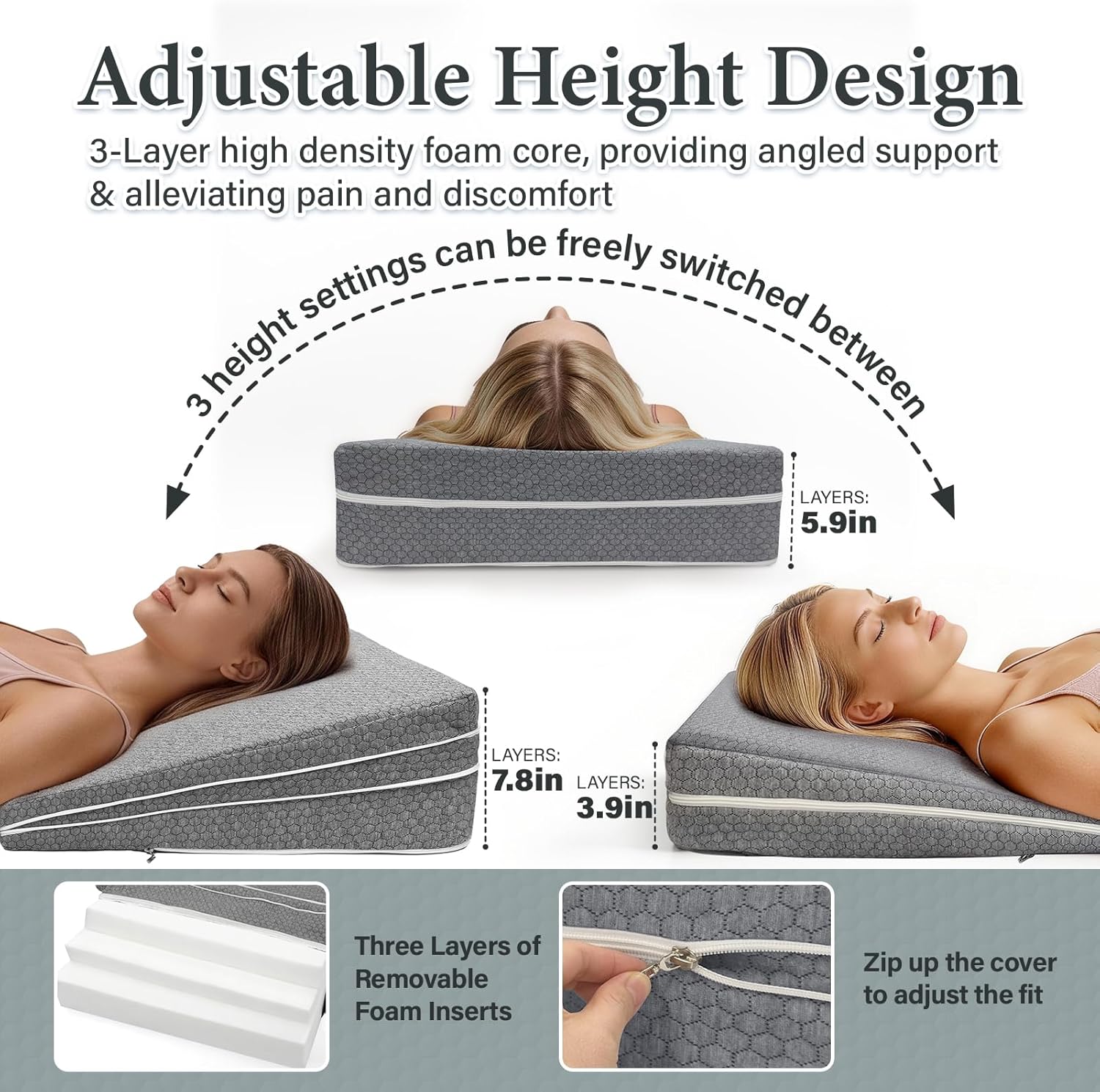 Adjustable Bed Wedge Pillow for Sleep Apnea, GERD, Snoring, Leg and Back Pain

