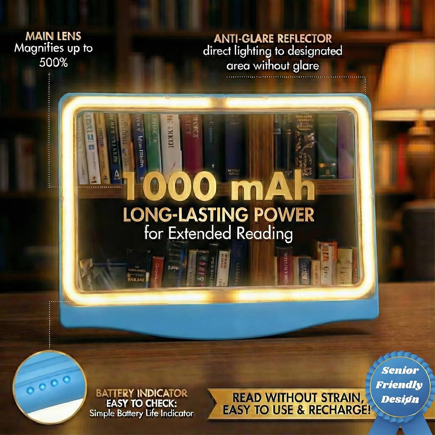 MagniPros 5X Rechargeable LED Page Magnifier Anti-Glare Lens, 3 Light Modes

