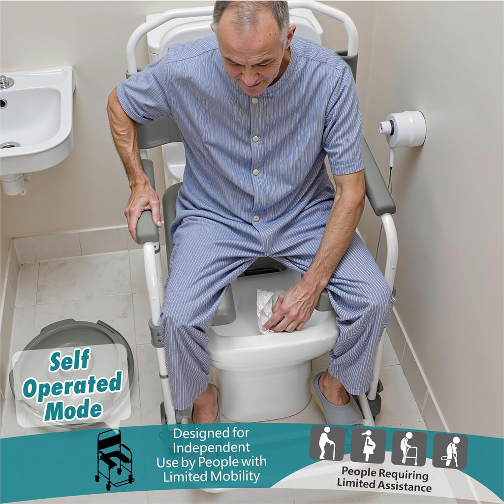 Bedside Commode with Wheels, Shower Wheelchair Potty Chair, 300 lb Weight Capacity

