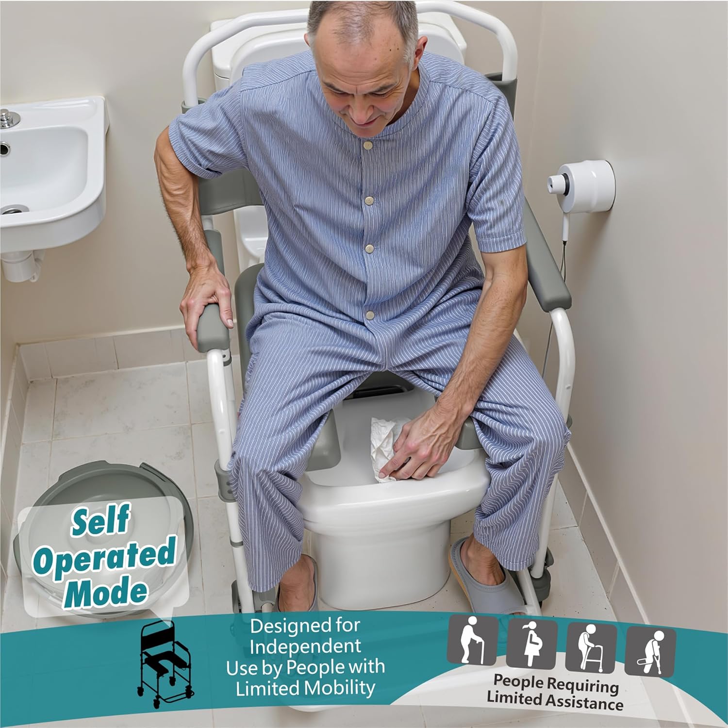 Bedside Commode with Wheels, Shower Wheelchair Potty Chair, 300 lb Weight Capacity

