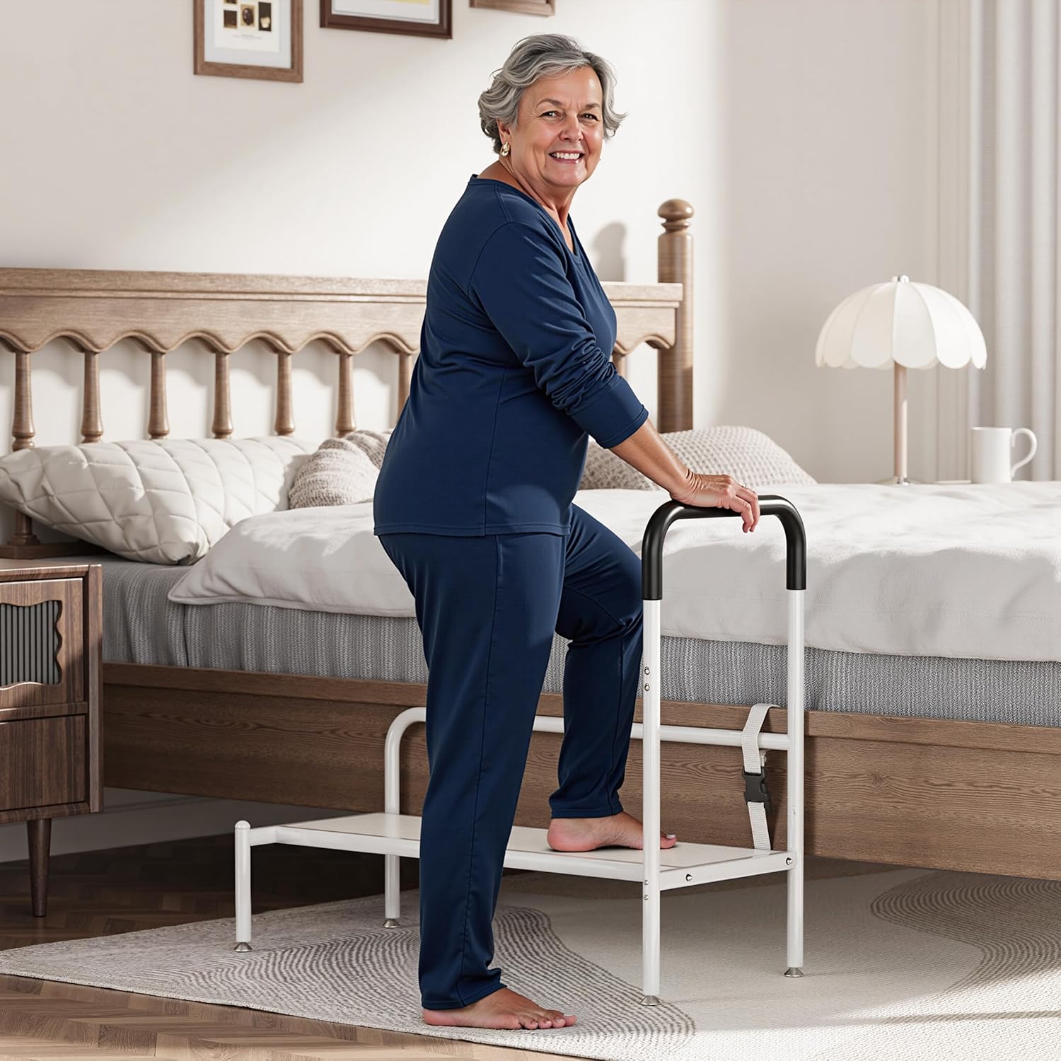 Bed Step Stool for Adults with Non-Slip Handle, Assist Rail and LED Night Light

