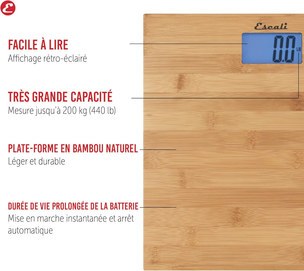 Escali Bamboo Digital Bathroom Scale for Body Weight, Extra-High Capacity 440 lb

