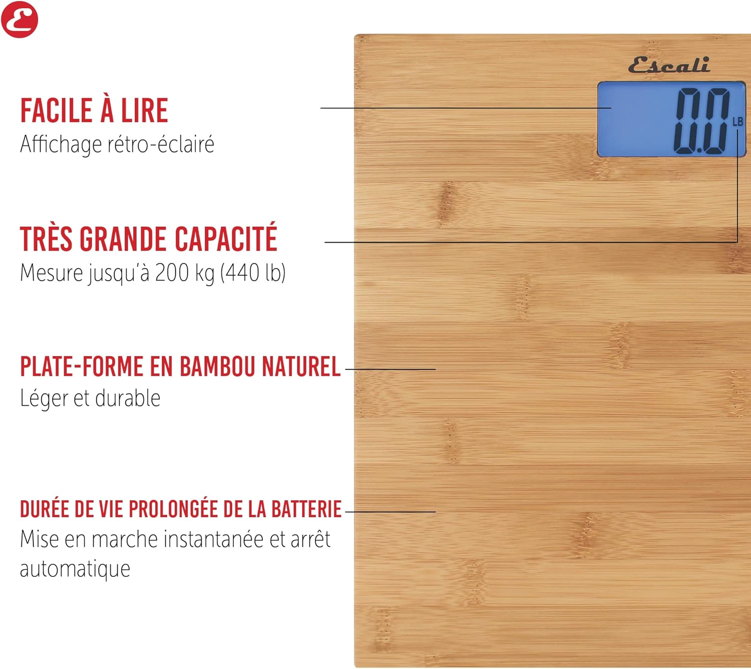 Escali Bamboo Digital Bathroom Scale for Body Weight, Extra-High Capacity 440 lb

