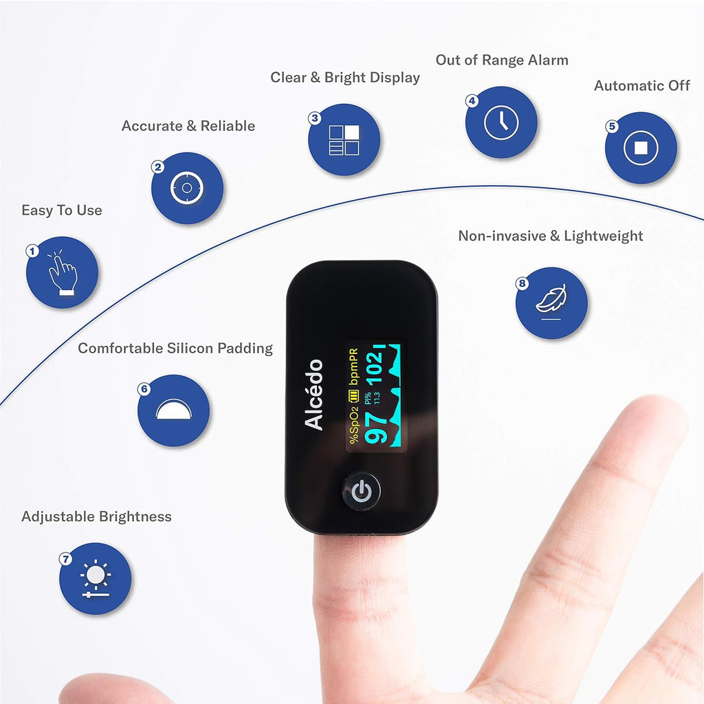 Alcedo Fingertip Pulse Oximeter, SpO2 and Heart Rate, Dual Color OLED Display

