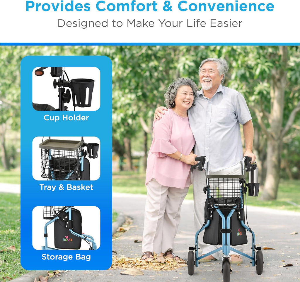 NOVA Traveler Folding 3-Wheel Walker with Tray Basket Pouch and Cup Holder


