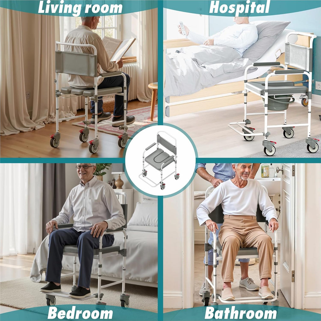 Bedside Commode with Wheels, Shower Wheelchair Potty Chair, 300 lb Weight Capacity


