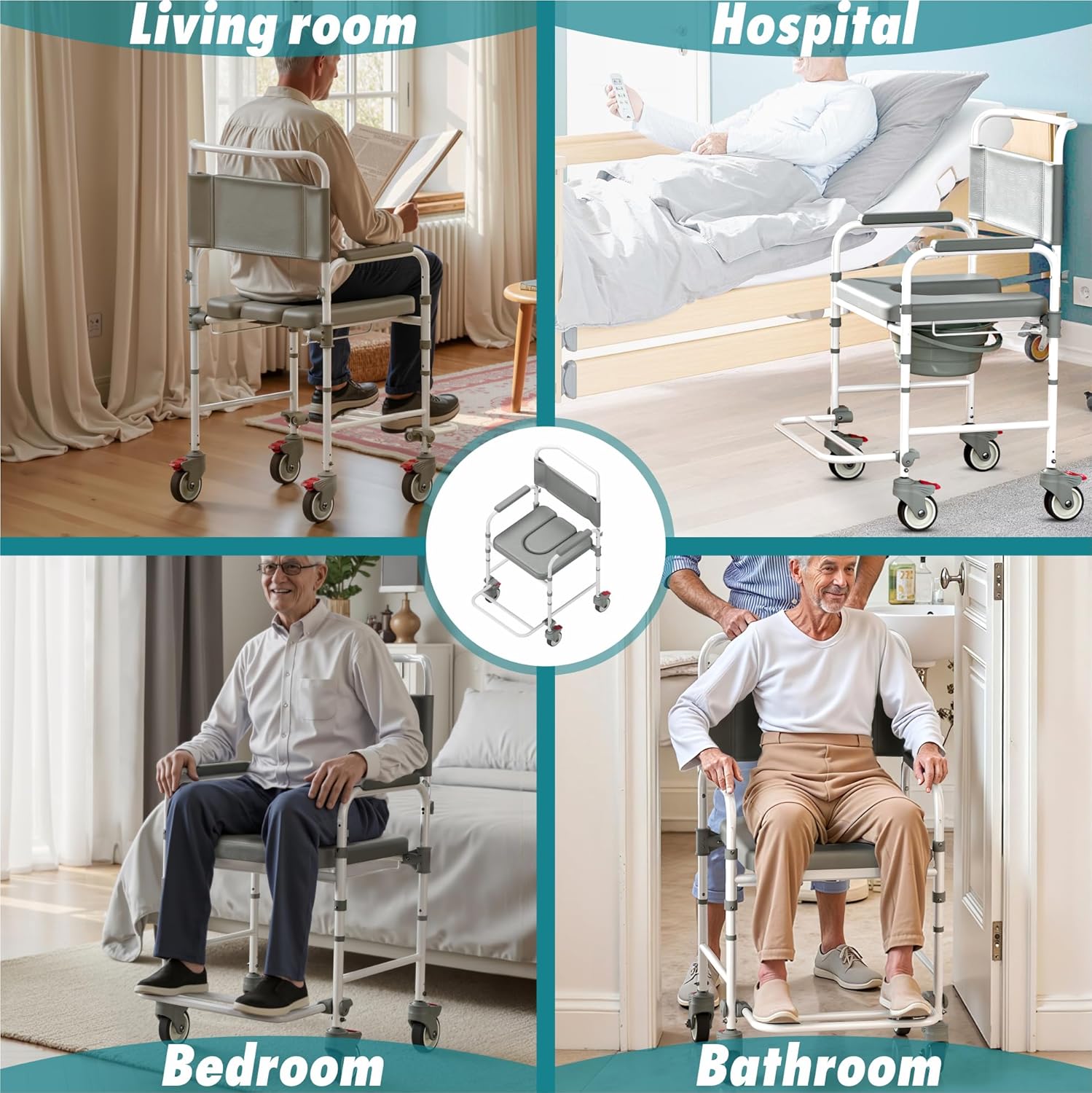 Bedside Commode with Wheels, Shower Wheelchair Potty Chair, 300 lb Weight Capacity

