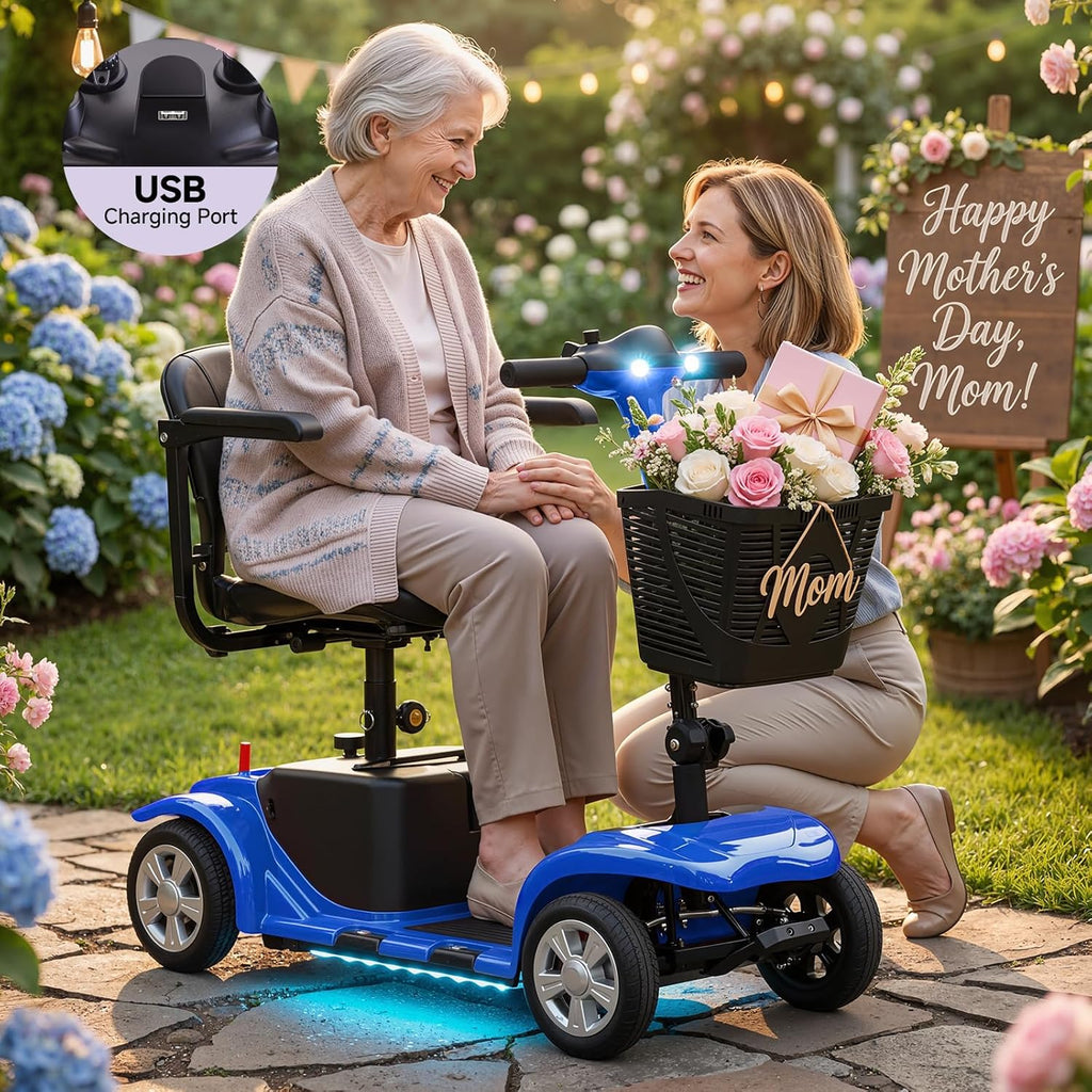 Electric Mobility Scooter for Adults, 4-Wheel Powered Scooter, LED Headlights & Basket

