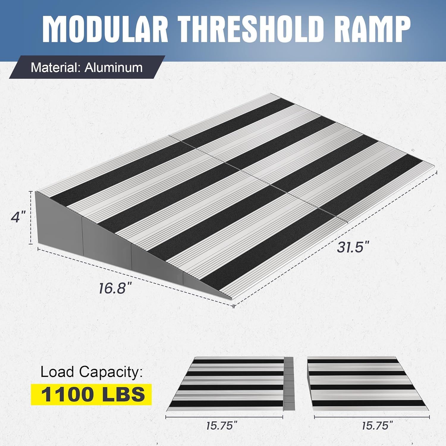 Nuvium Modular Aluminum Threshold Ramp for Doorways, Curb and Step Access, 1100 lb

