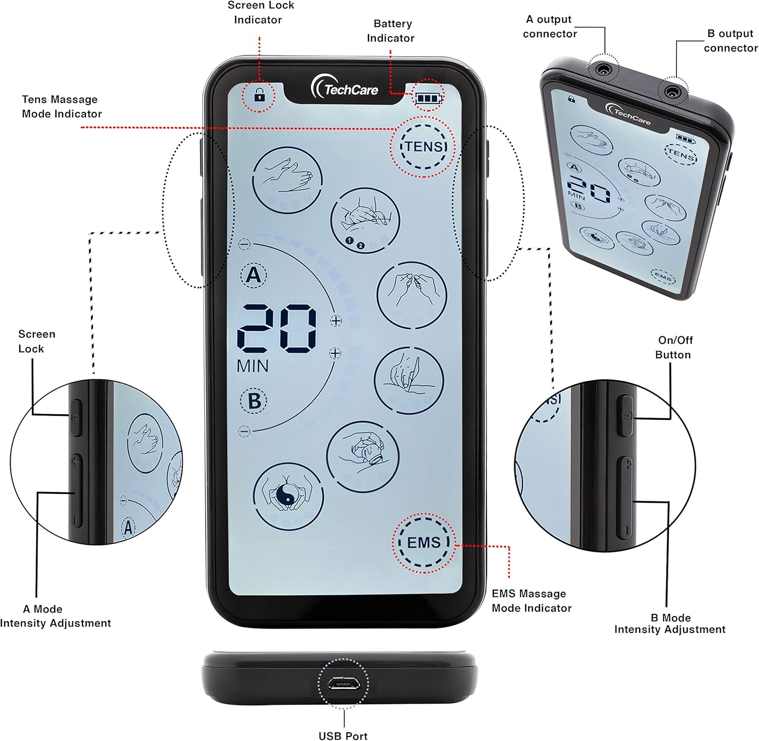 Tehcare Touch X TENS EMS Muscle Stimulator, Dual Channel, Touchscreen, Rechargeable

